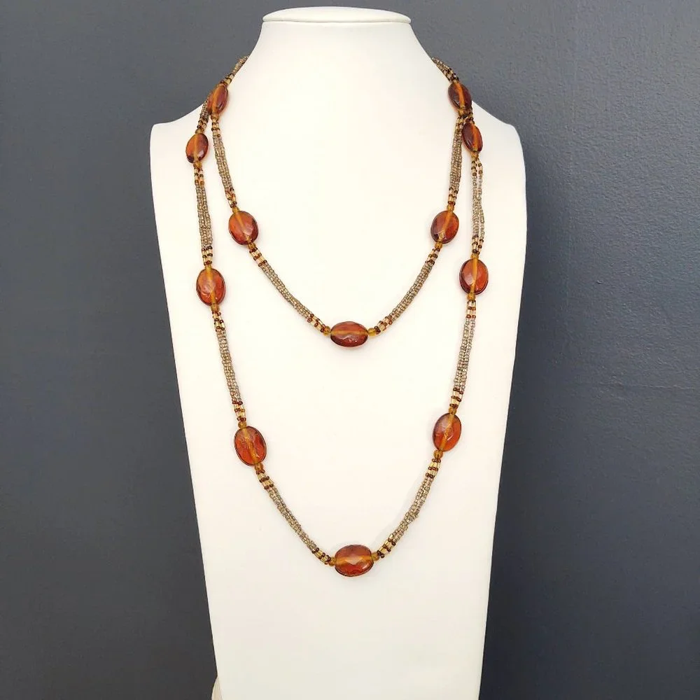 Long vintage glass and seed bead necklace